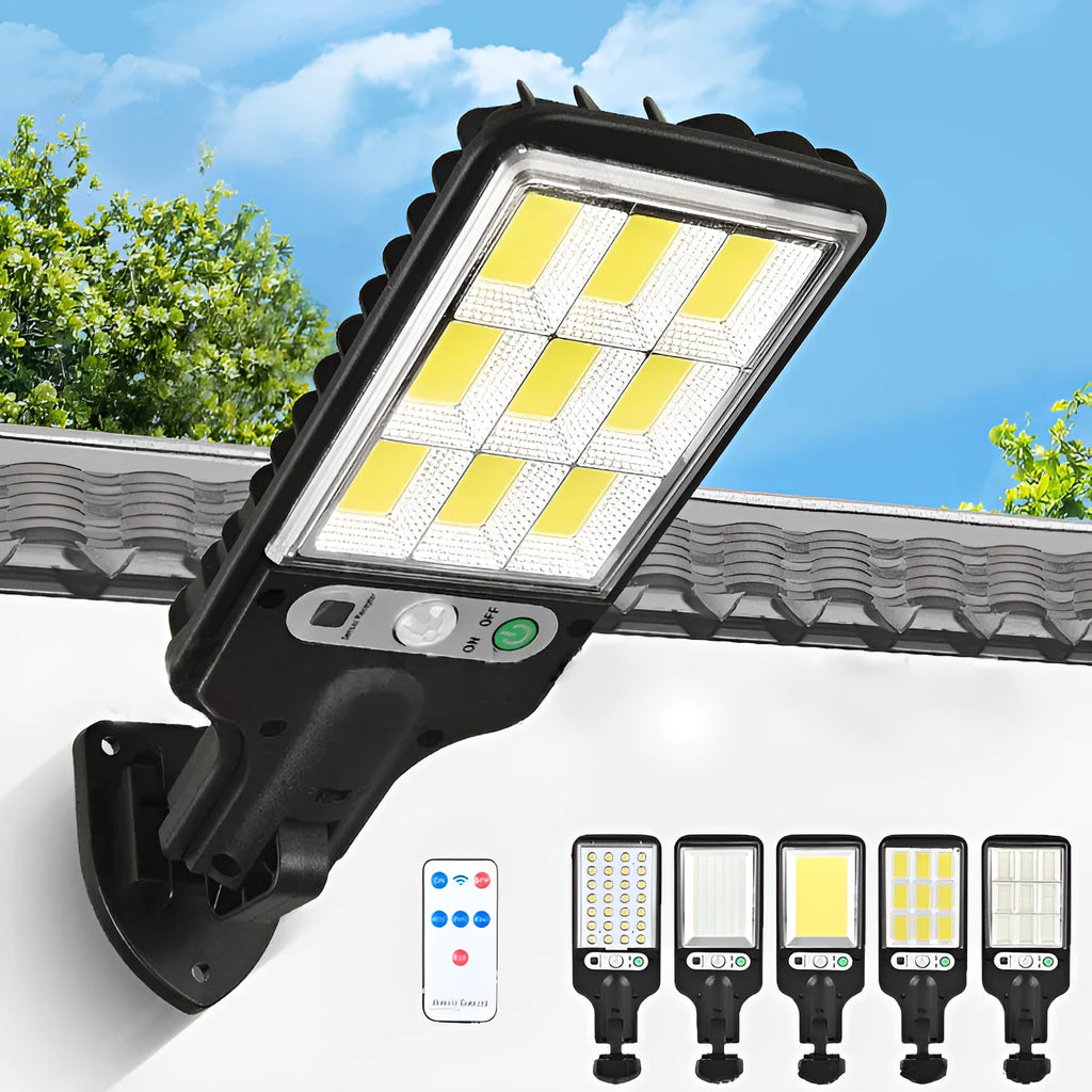 Outdoor solar LED wall lamp with 5.5V 2.5W solar panel, 227x84x40mm, white housing, mounted on a brick wall
