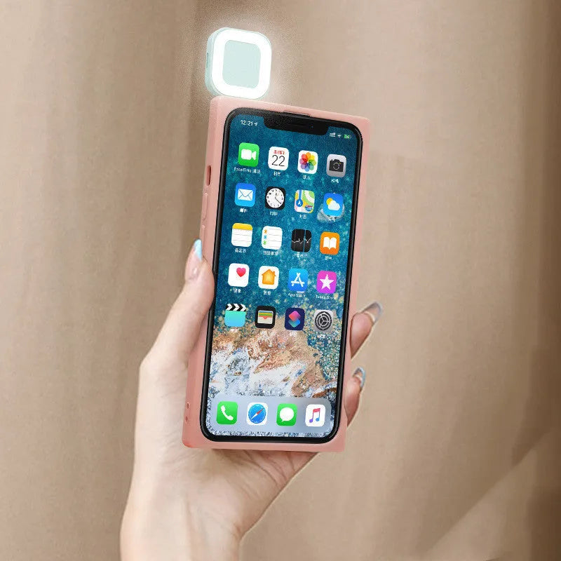 Ring flash mobile phone case with LED light for iPhone 13 in pink, white, or green colour options