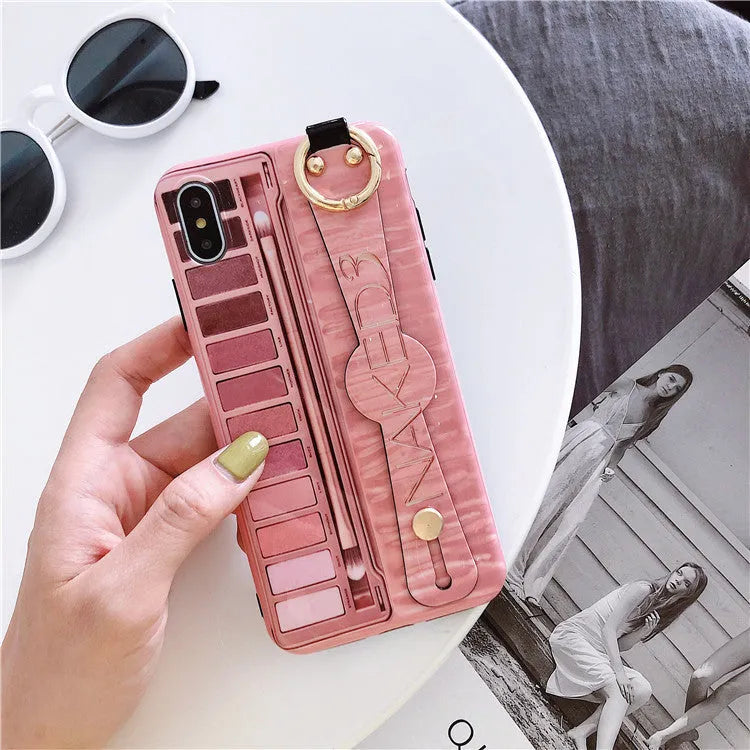 Rose red phone case compatible with iPhone 7/8 Plus with integrated eye shadow box and wristband