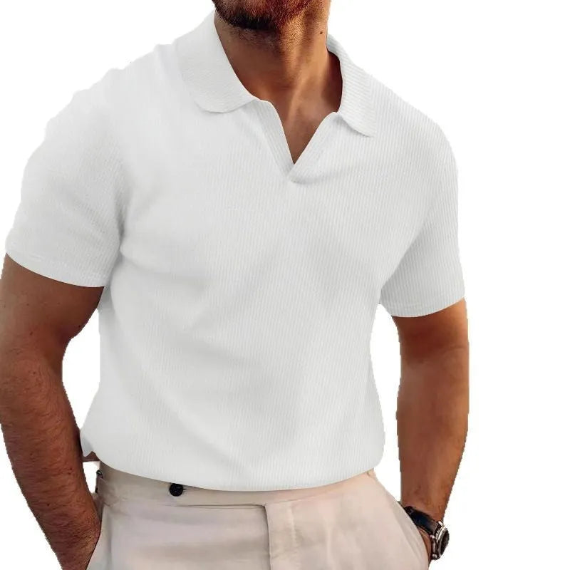 Men's slim-fit lapel collar T-shirt with a heavy waffle texture, shown in a solid colour.