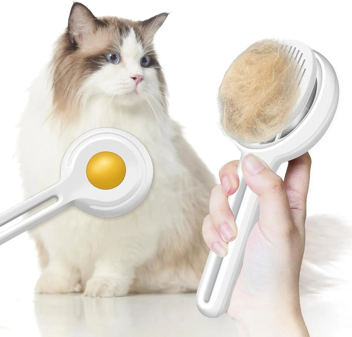 Yellow cat brush with release button, round rubber-tipped pins and stainless steel wire bristles