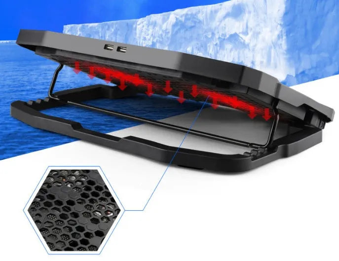 Black laptop radiator with copper heat sink, 4 heat pipes, dual USB ports and S18 speed control