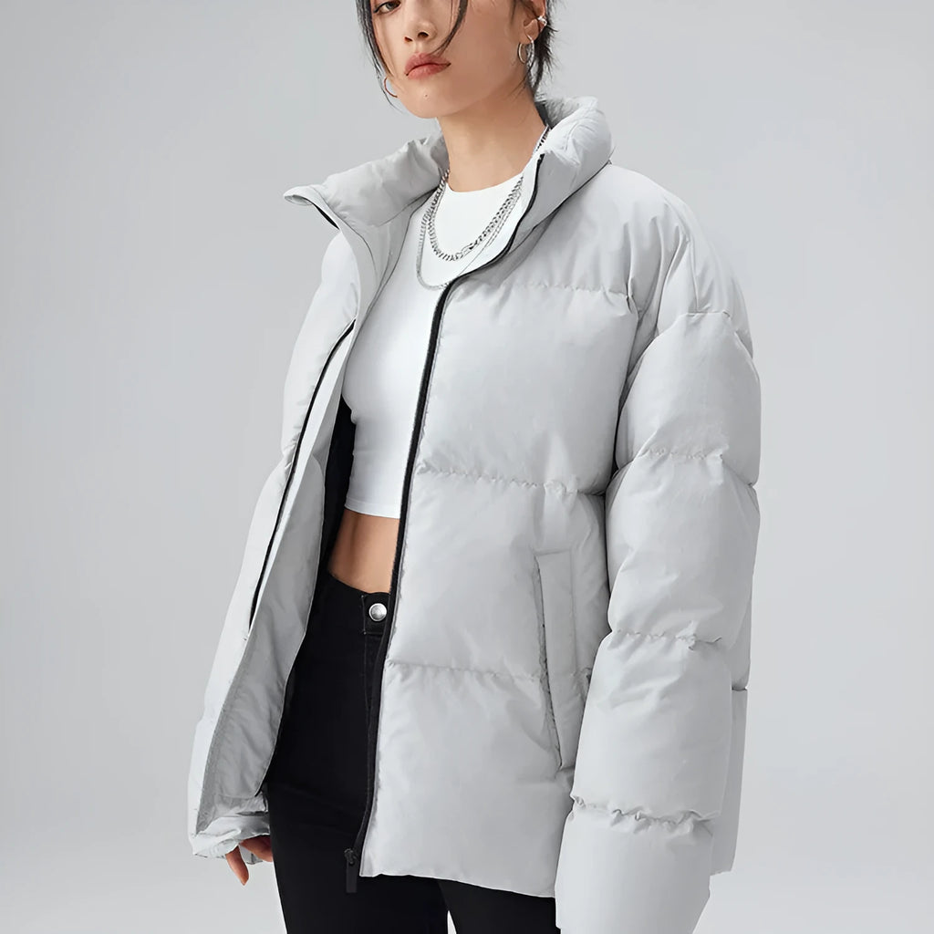 Men's white duck down jacket, short thickened standing collar, light grey, size S-2XL