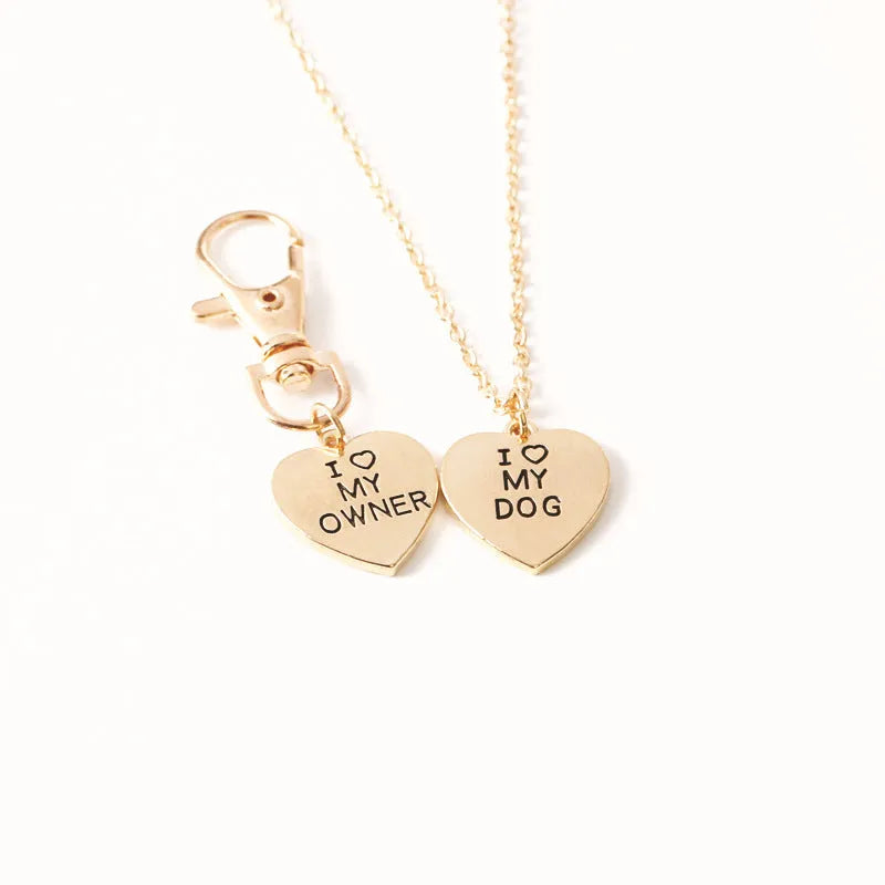 Gold alloy dog bone pendant necklace with I Love My Dog engraving on chain