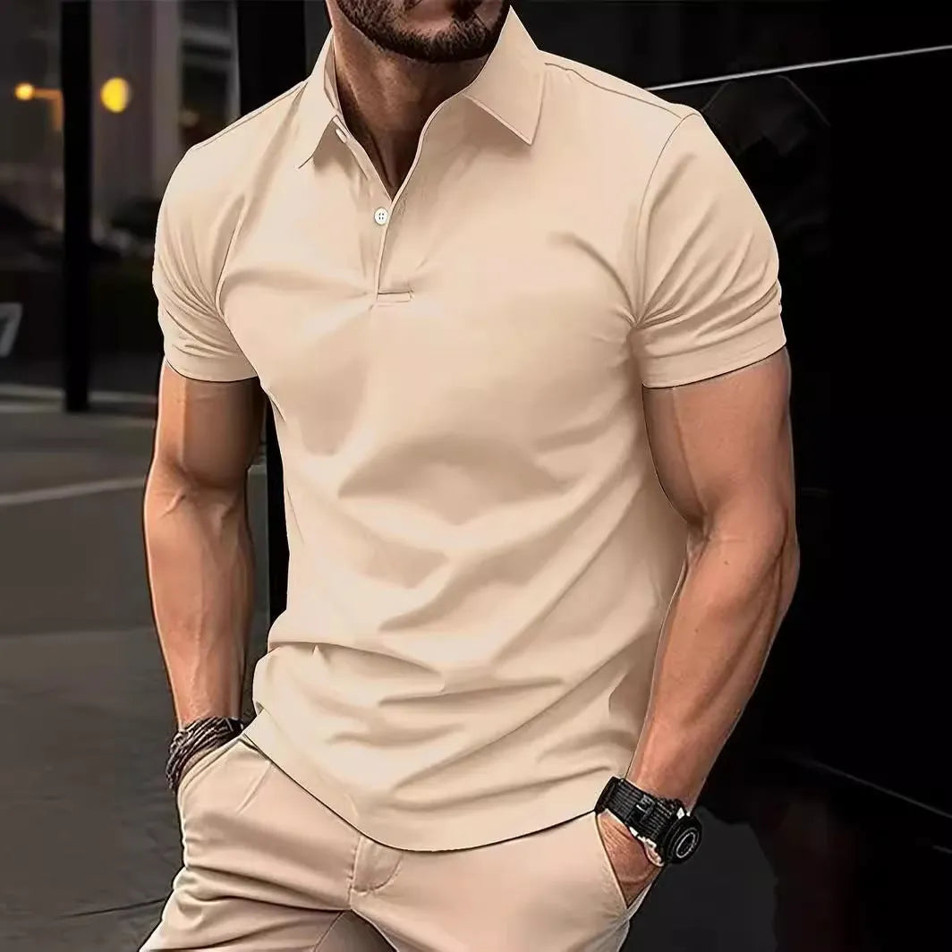 Men's slim fit short sleeve casual shirt in a solid colour on a hanger