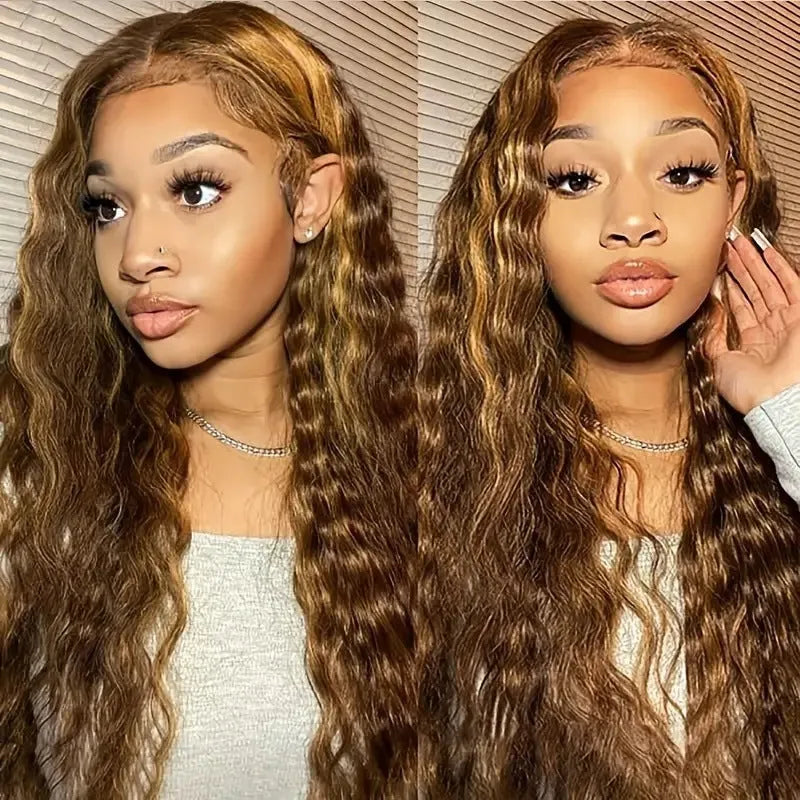 Lace wig with medium small volume highlight gradient long curly hair in light gold colour