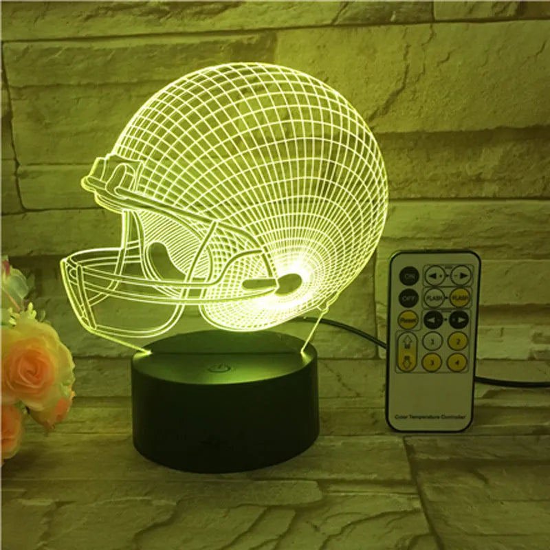 Rugby hat 3D lamp with USB power supply and 3 W light source, available with colourful touch or remote control.