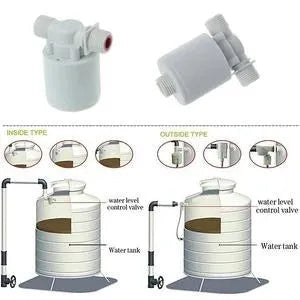 White nylon automatic float valve with three thread size options for purified water systems