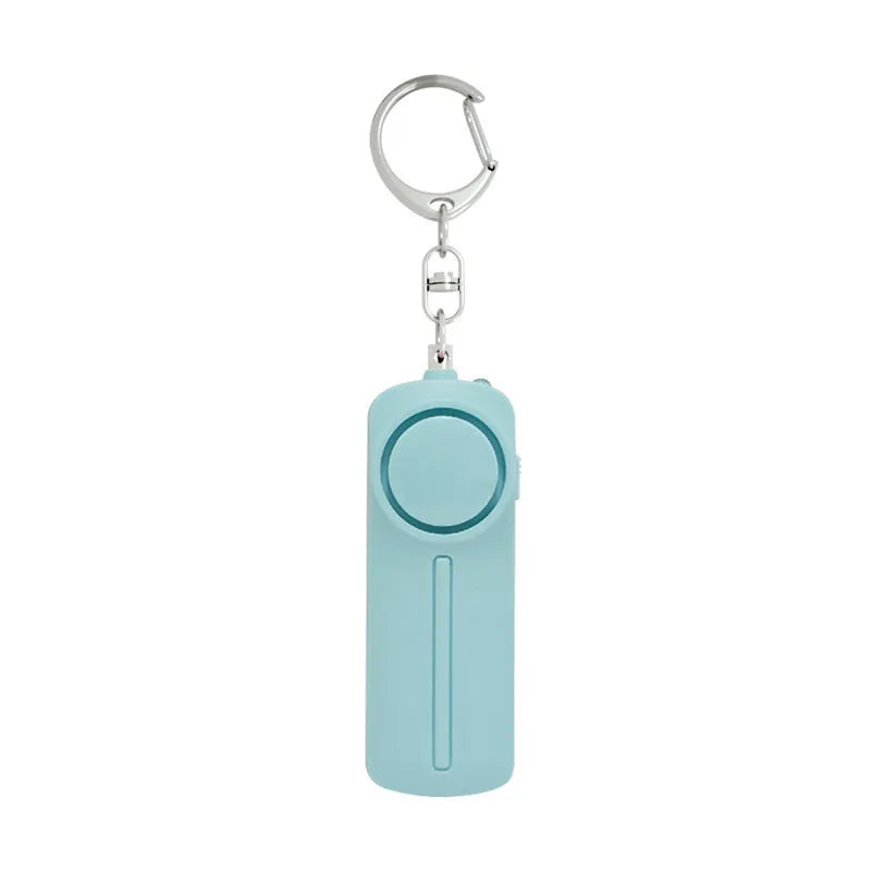 Compact pink personal safety alarm with keyring, showing dimensions.