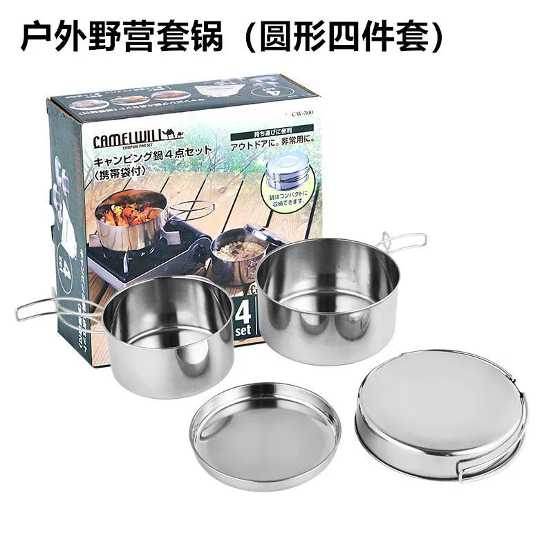 Silver stainless steel camping cookware set with 4 round pots for outdoor cooking