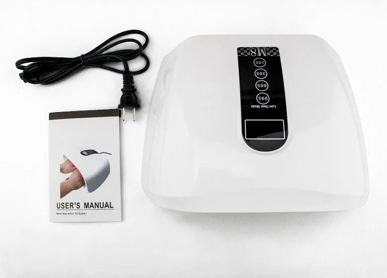 White 96W LED nail dryer with infrared sensor and removable base tray for gel polish curing
