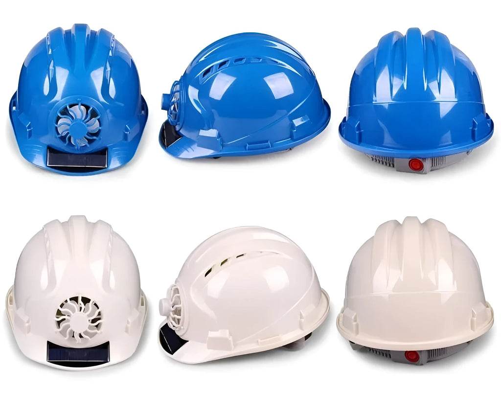 PE sunshade helmet with solar fan for construction site sun protection, shown in blue, red, white or yellow