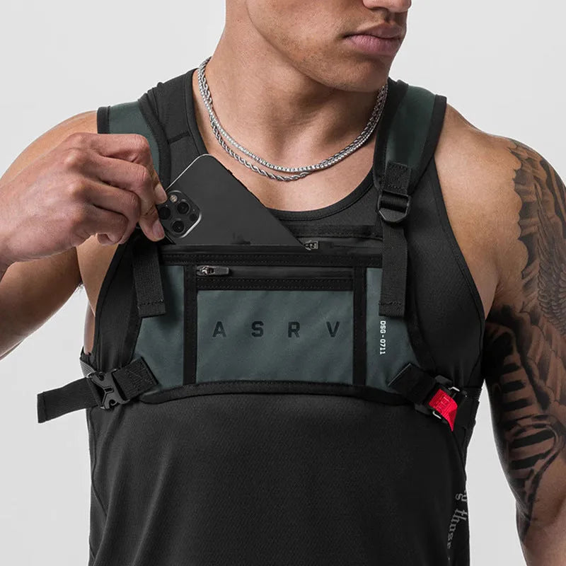 Men's dark grey outdoor sports bag with multiple pockets and curved shoulder straps