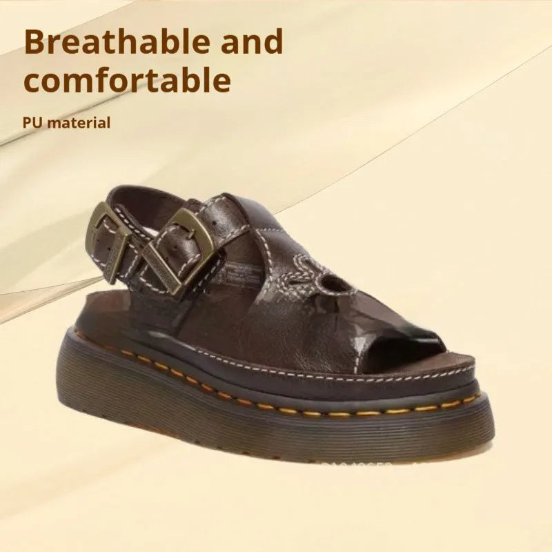 Men's embroidered beach sandals with floral pattern on black PU leather upper, flat heel design