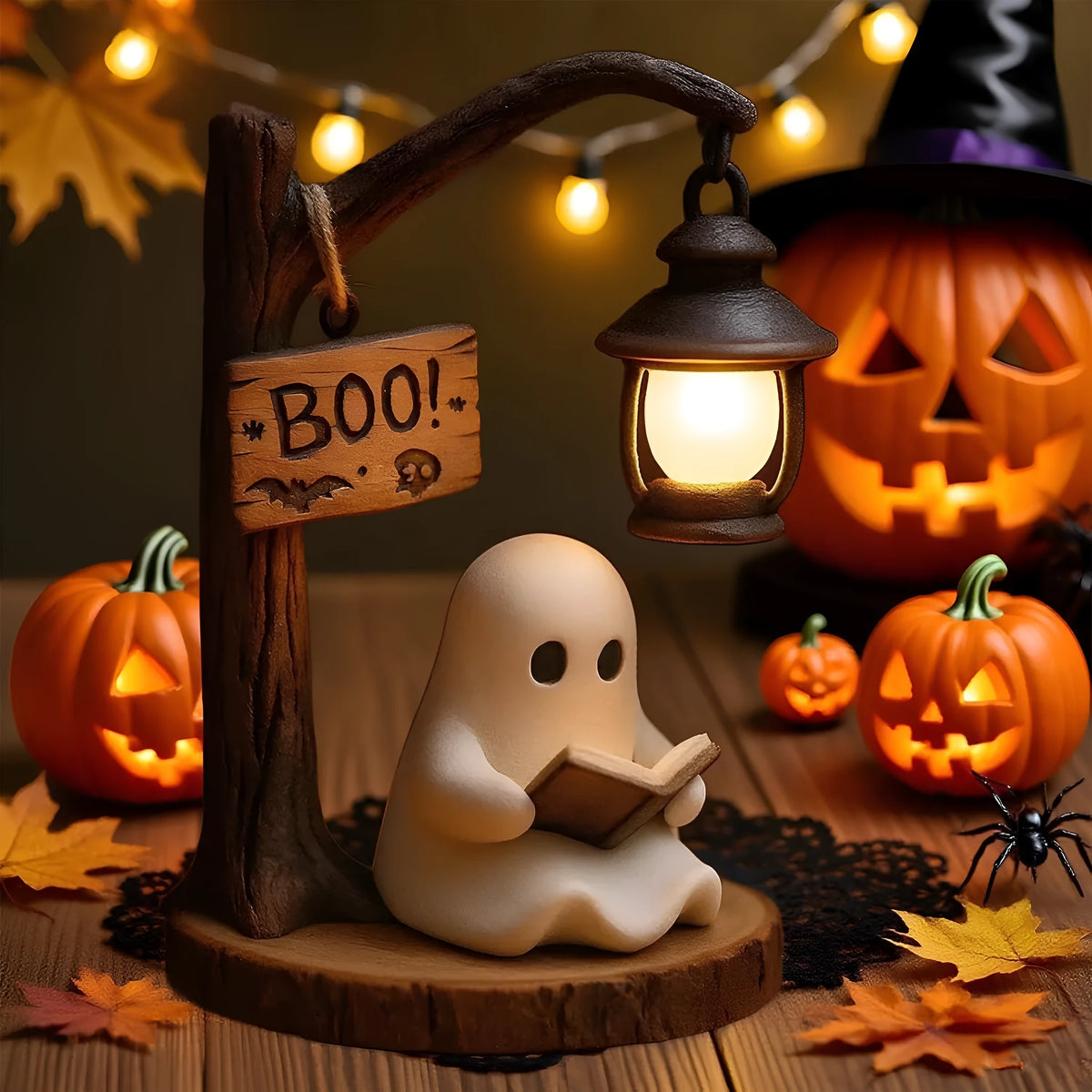 Halloween reading ghost and witch ornament made from resin and plastic in European cartoon style