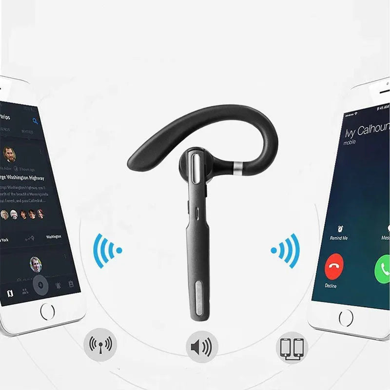 Black mono Bluetooth headset with hanging ear hook and IPX6 waterproof rating.