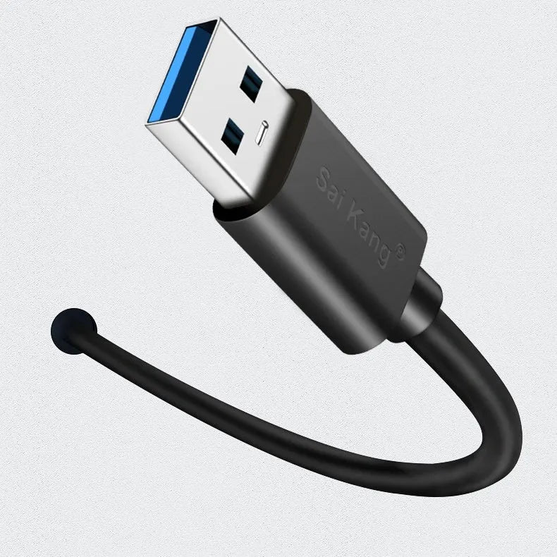 Black USB extension cable with male and female connectors, shown coiled to indicate its available lengths up to 5 metres.