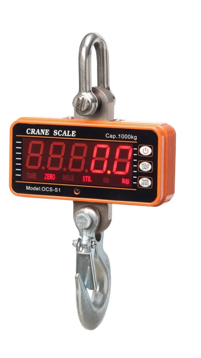 Orange digital display electronic crane scale with hook for 500 kg heavy-duty weighing.