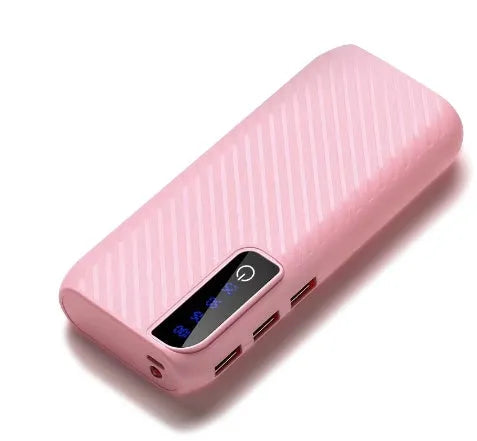 Compact 20000mAh portable power bank showing colour options including black, blue, pink and white