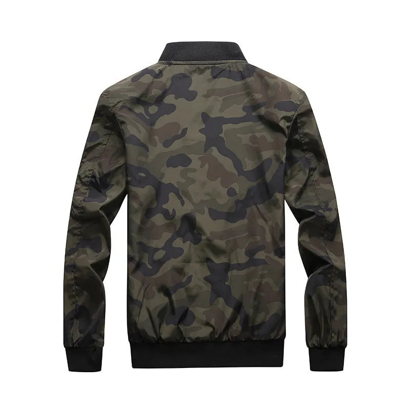 Men's camouflage bomber jacket with stand collar, zip front, long sleeves, and welt pockets in army green or dark grey
