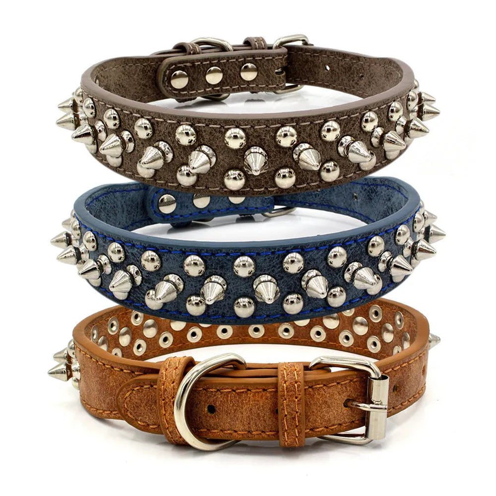 Adjustable PU rivet dog collar in multiple sizes from XS to XL, shown in black with silver rivets, on white background.