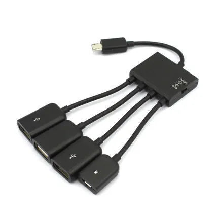 Black micro USB OTG one-to-four multi-port adapter with 0.25m cable for Android devices