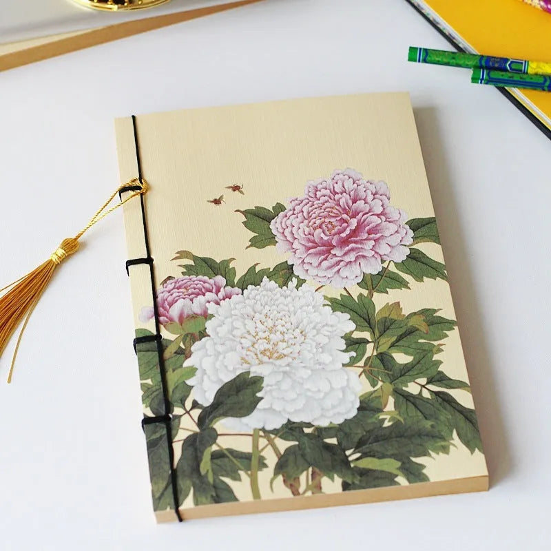 A5 antique wire-bound notebook with a retro famous painting cover on white cowhide, shown open on Kraft paper pages.