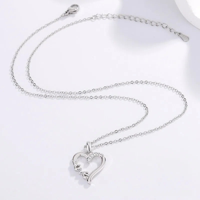 Creative heart design LOVE titanium steel necklace pendant in white gold colour on cross chain