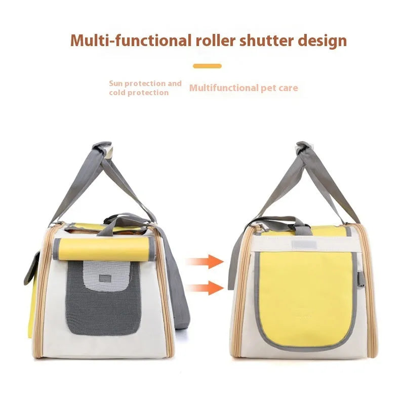 Foldable single shoulder pet carrier bag in canvas, shown in yellow, green and black colour options