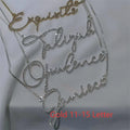 Stainless steel personalised name necklace with diamond-studded letters on an adjustable chain in silver, gold, or rose gold.