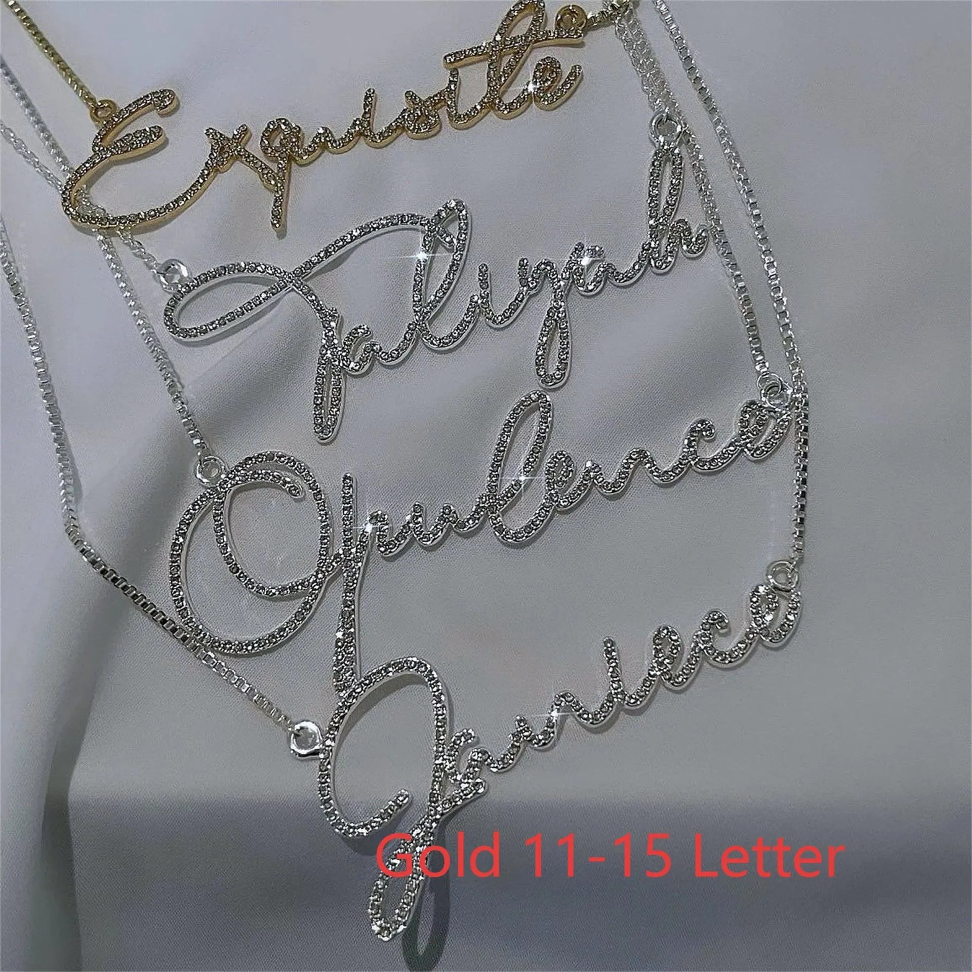 Stainless steel personalised name necklace with diamond-studded letters on an adjustable chain in silver, gold, or rose gold.
