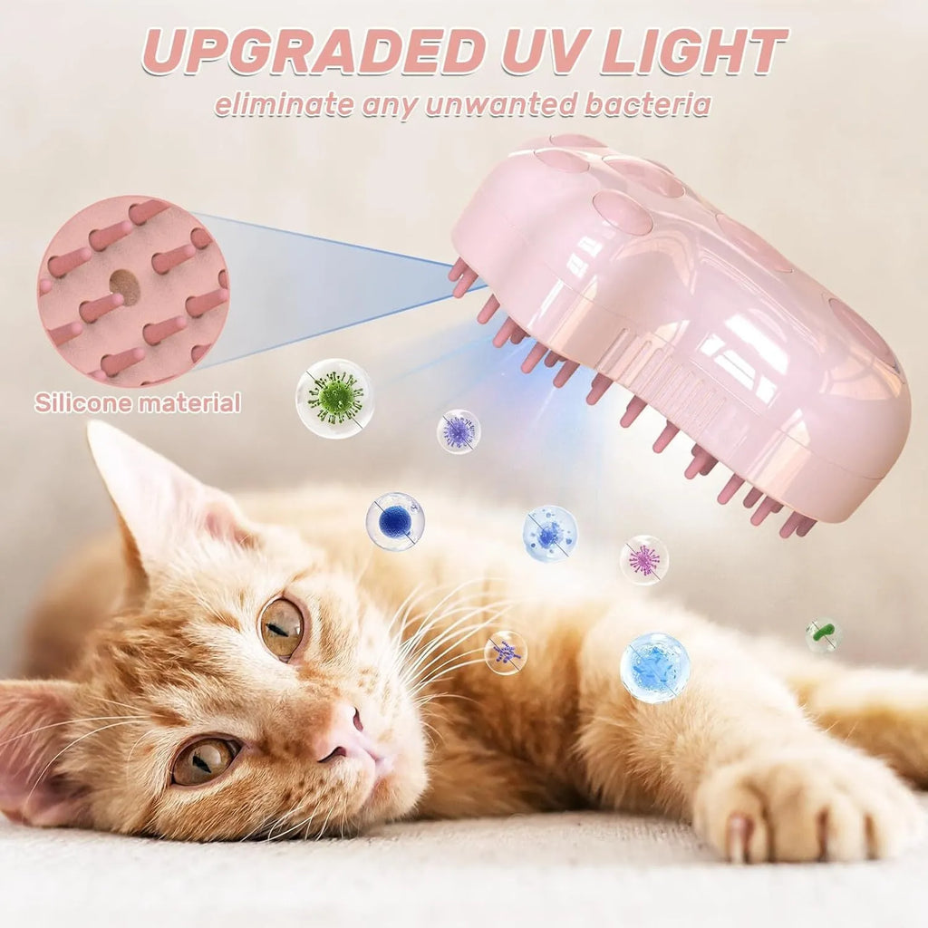 Self-cleaning cat steam brush with blue light and silicone bristles for pet grooming
