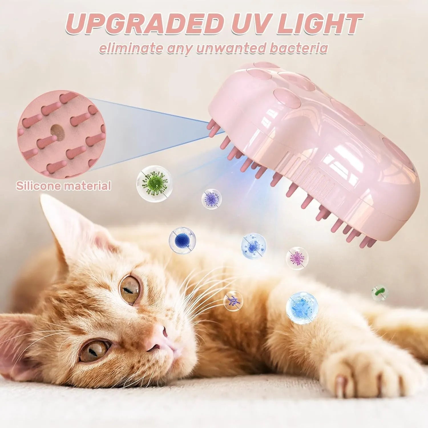 Self-cleaning cat steam brush with blue light and silicone bristles for pet grooming