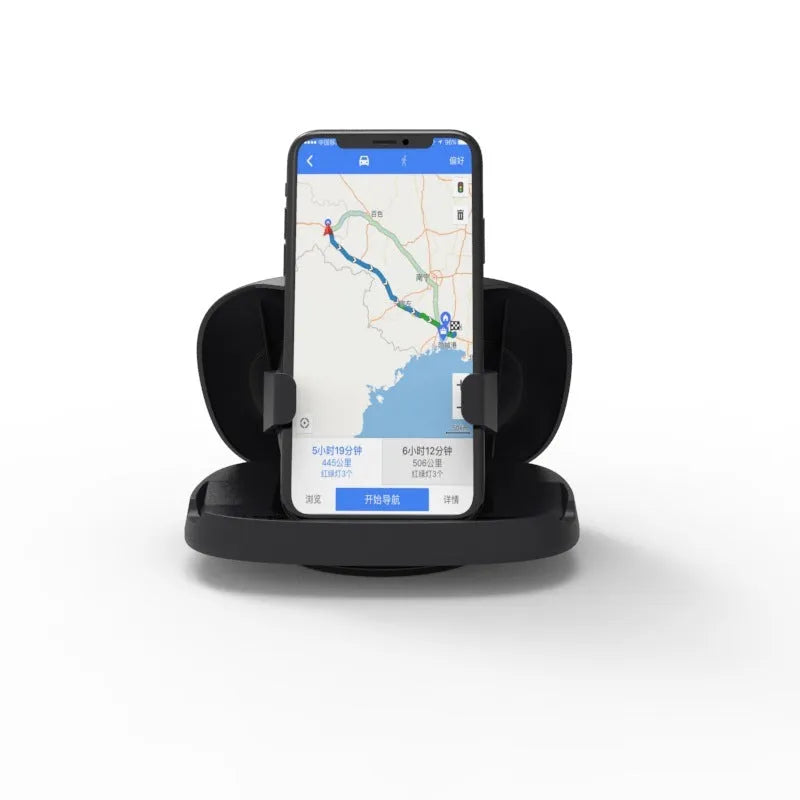 Black rotating suction cup car phone holder mounted on a car windscreen