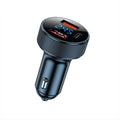 Aluminium alloy 54W car charger with digital display plugged into a vehicle cigarette lighter socket.