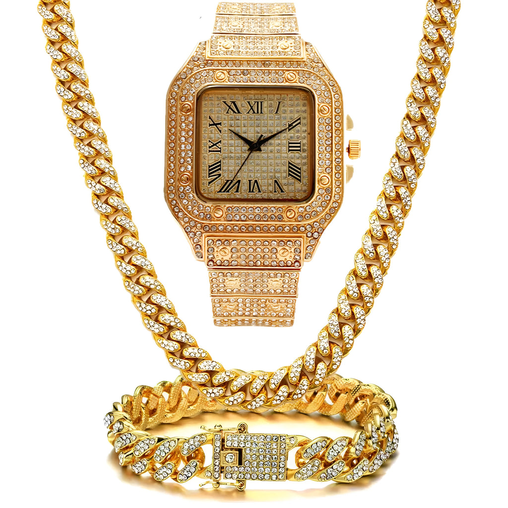 Roman numeral square dial quartz watch with black mesh band, bracelet, and necklace set in gold, rose gold, or silver.