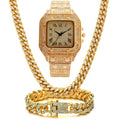 Roman numeral square dial quartz watch with black mesh band, bracelet, and necklace set in gold, rose gold, or silver.