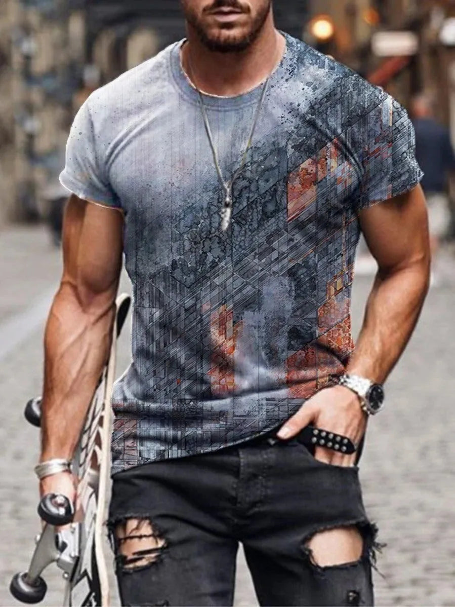 Man wearing a loose-fit camouflage print short-sleeved T-shirt in milk silk fabric.