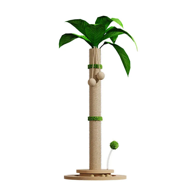 Vertical cat scratching post with natural hemp rope column and square wooden perch in Canna finish.