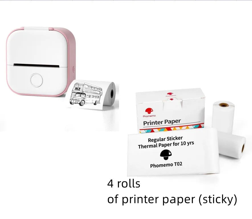 Phomemo T02 series portable mini thermal label printer in white and pink, with Bluetooth and USB charging