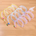 S-type steel wire frame cat tunnel with elastic net fabric and a feather teaser attached.