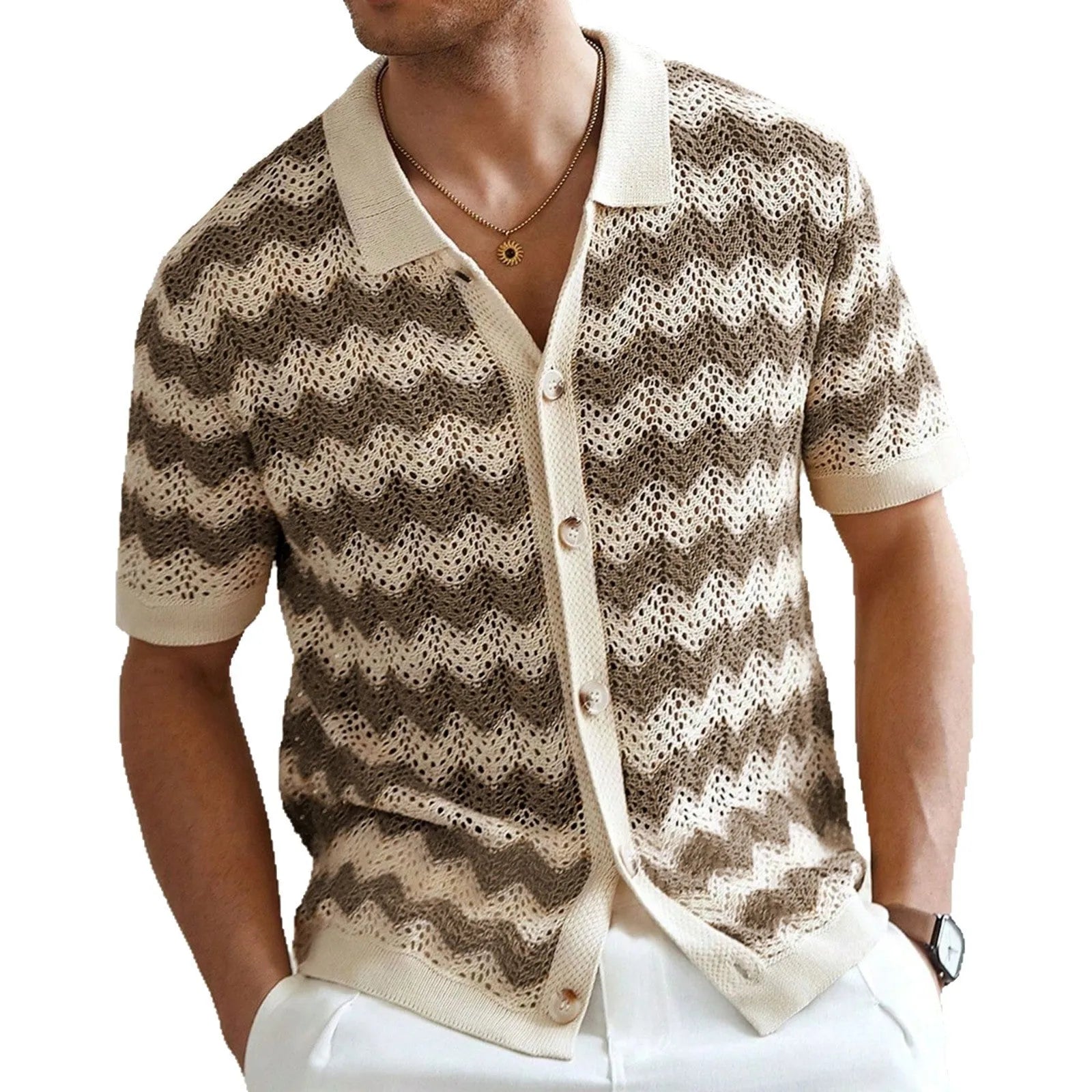 Man's short-sleeve blue sweater with a textured corduroy-like jacquard pattern, showing detail of the fabric weave.