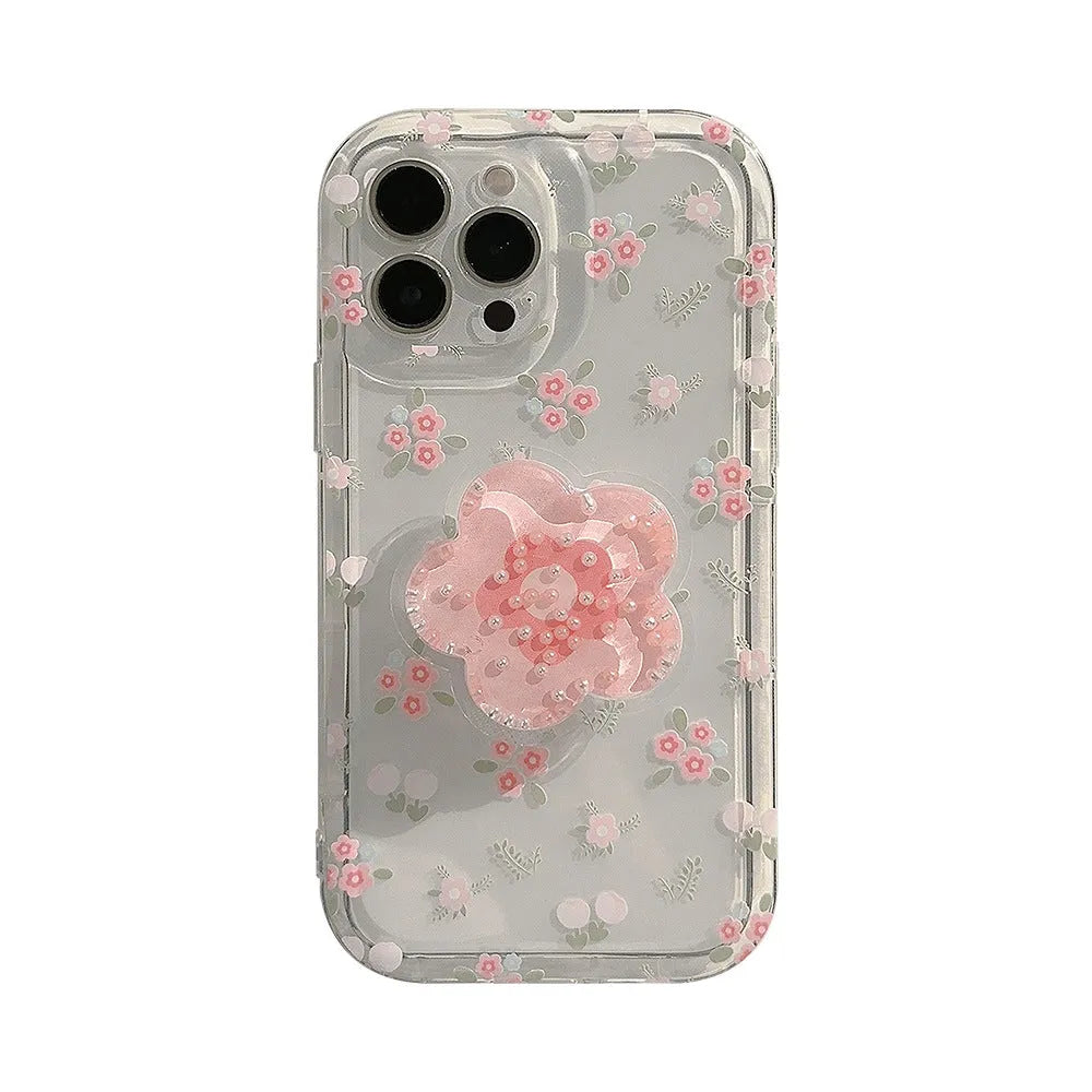 Crushed flower flowing sand transparent TPU phone case with stand for Apple iPhone, 1.5mm thickness, precise cutouts