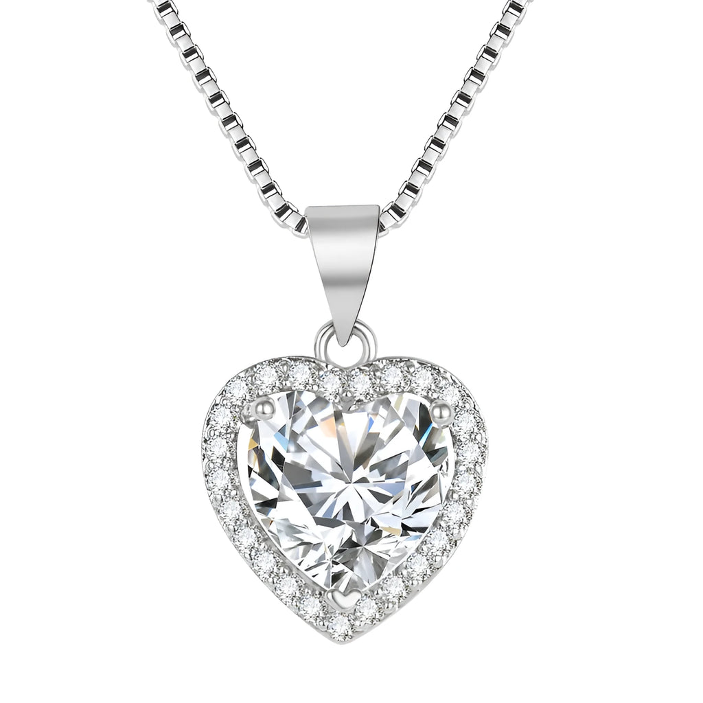 Silver heart pendant necklace with white diamond imitation moissanite on a copper chain, 45cm length, trendy style, 2023 new design