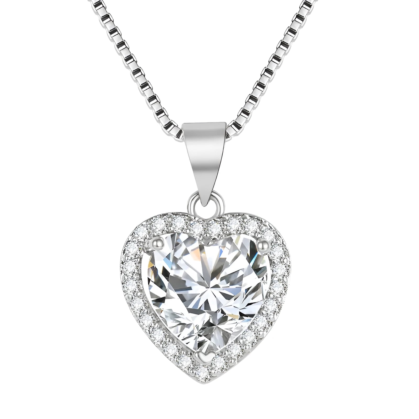 Silver heart pendant necklace with white diamond imitation moissanite on a copper chain, 45cm length, trendy style, 2023 new design
