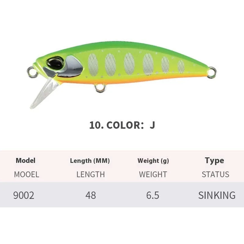 Hard plastic minnow fishing lure measuring 48mm, shown in one of 14 available colours, with integrated hook hangers.