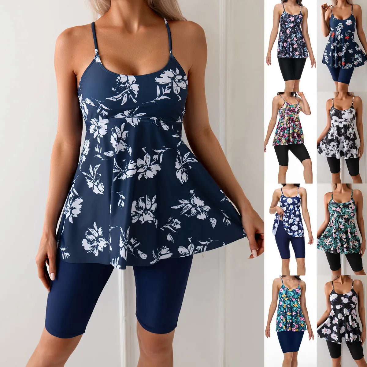 Women's two-piece strap swimsuit with high-waist pants in polyester, available in five colours and sizes S to XXL