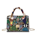 Snake print PU small square handbag, medium 18.5cm x 7.5cm x 13cm, in yellow, purple, green, blue or orange