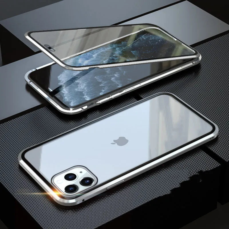 Machined glass clamshell anti-spy phone case in black, shown closed and open next to an iPhone.