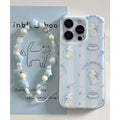 Blue and white striped PC cat lanyard phone case for Apple iPhone 11-16 series with fall protection